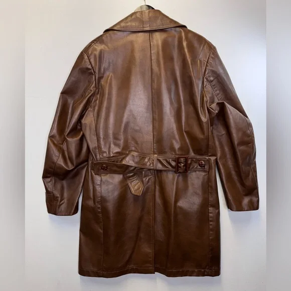 Vintage 70s Leather Trench Coat‎ Size 40R Rust Brown Belted Grais New Generation - Picture 11 of 15